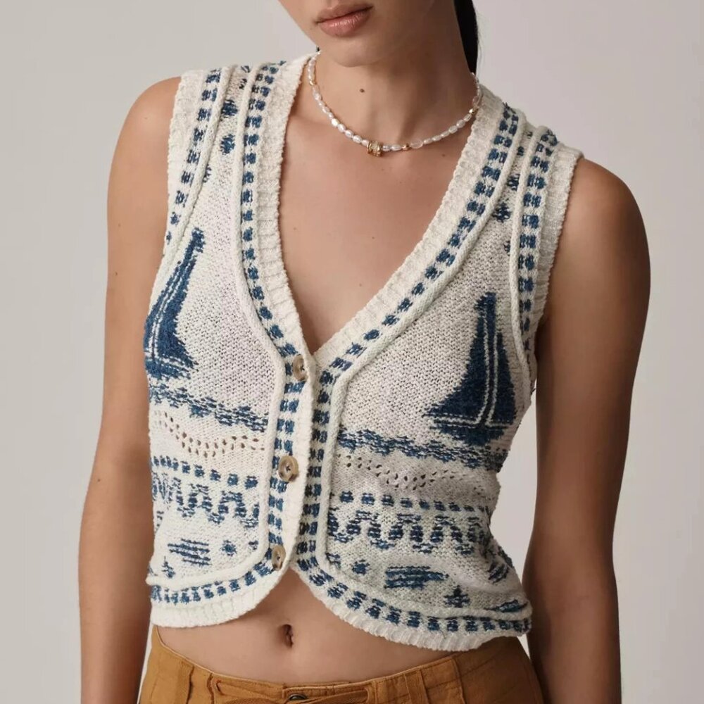 Anthropologie Pilcro V-Neck Sailboat Motif Cardigan Sweater Vest Nautical M NWT - Picture 2 of 5
